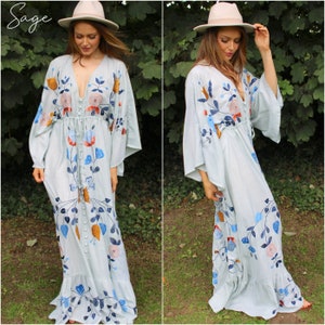 Embroidered Maxi Dress - Boho Style - Scandi Folk Embroidery - Flattering Versatile Baby Shower Maternity Photos - Wedding Guest Summer Fete