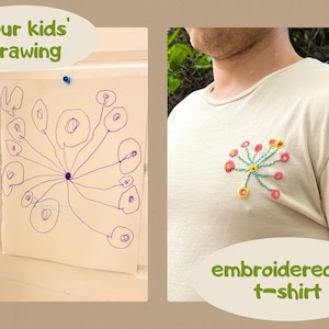 Custom hand embroidered kids' drawings on the t-shirt, Personalized gift for dad and mom, Children drawing, custom embroidery