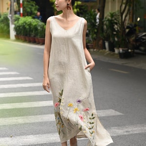 Handmade embroidery linen maxi dress KAYLA, Linen dress for beach wedding guest, Summer linen maxi dress, Embroidered maxi linen clothing