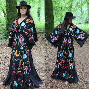 Otomi Inspired Embroidered Maxi Dress, Modest Mexican South American, Maternity Dress, Wedding Guest Dress, Flowy, Spring, Garden Kimono