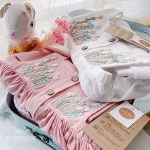 Summer Dress for Girls. Hand embroidered white and pink botanical dress. Toddler Cotton Linen wildflower set. Cottage and Chateaucore Style
