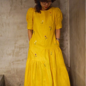 Hand Embroidery Dress, Long linen dress, Elegant Yellow Linen Dress, Vintage-Inspired Yellow Linen Dress, Charming Yellow Linen Dress