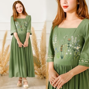 Linen Square Neck Dress, Wildflowers Embroidered Linen Dress, Maxi Linen Dress, Cottagecore Dress, Summer Linen Dress, Pleated Linen Dress