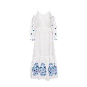 Linen white dress with vase embroidered, V-neck embroidered printed linen dress with button up front, vyshyvanka, white sundress sarafan