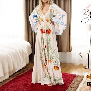 Bohemian Embroidered Maxi Dress | Women’s V-Neck Cotton Summer Robe | Batwing Sleeve Lace Up Attire | Floral Tassel Long Outfit
