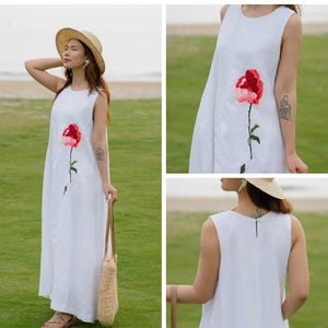 Summer Maxi Handmade Embroidered Linen Dress. Linen Plus Size Maxi Dress. Linen Women's Clothes. Linen Gift for her. Wedding Guest Dress.
